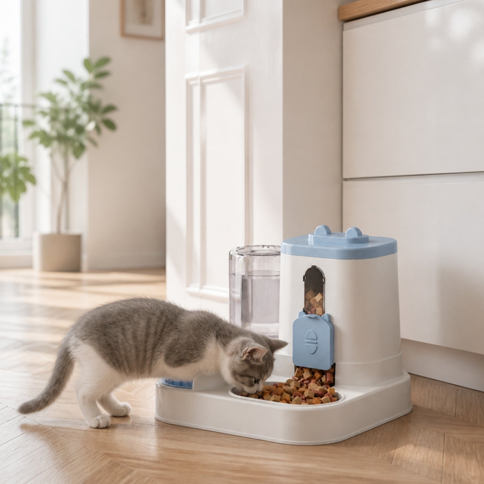 Chaton qui mange au distributeur croquettes et eau 2 en 1