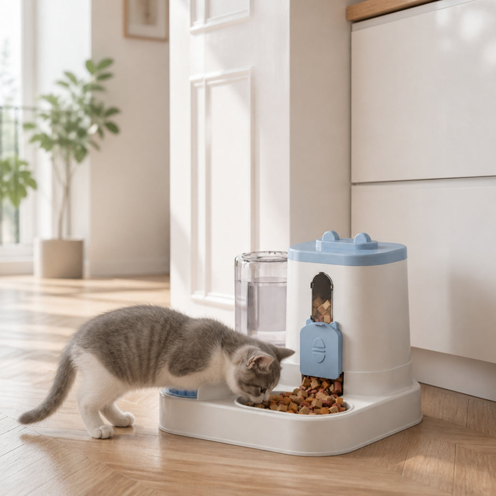 Chaton qui mange au distributeur croquettes et eau 2 en 1