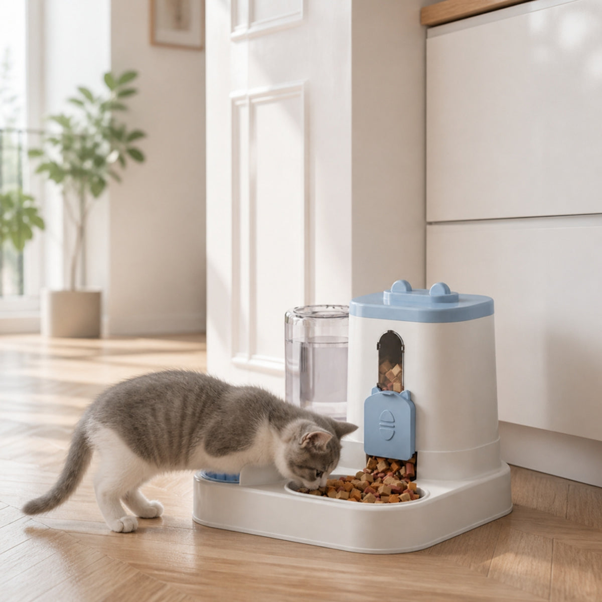 Chaton qui mange au distributeur croquettes et eau 2 en 1