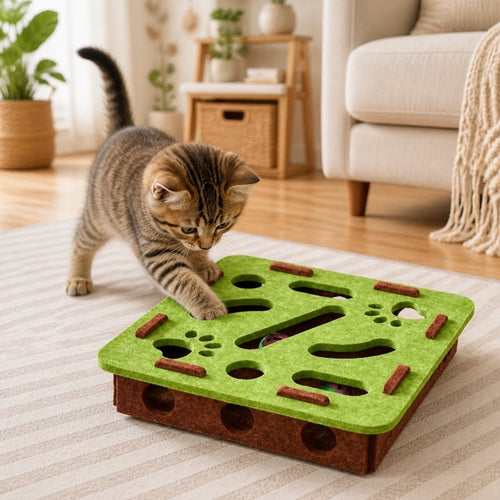 Chaton qui joue avec la boîte de jeu en feutre