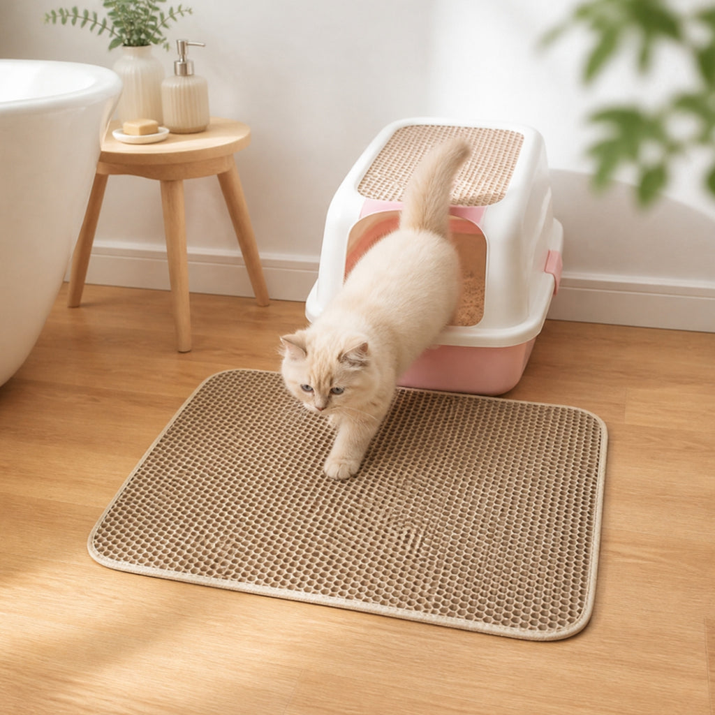 Chaton qui sort du bac sur le tapis de litière beige
