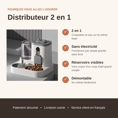 Avantages du distributeur 2 en 1 : sans électricité, réservoirs visibles, démontable