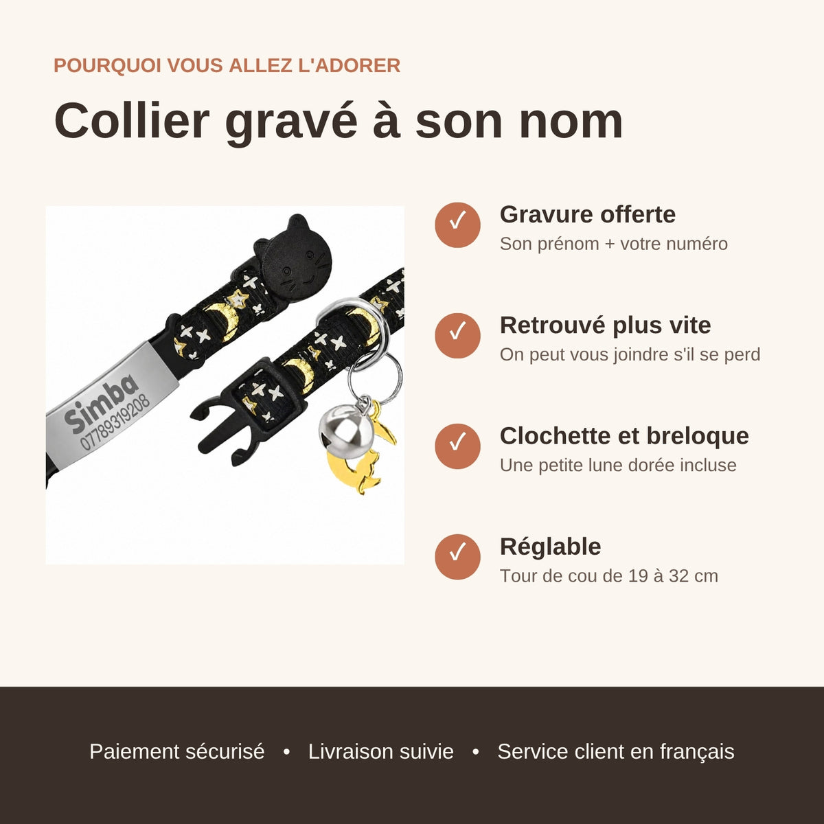 Avantages du collier gravé : gravure offerte, clochette, réglable