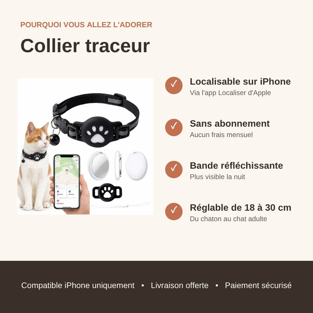 Collier traceur pour chat : localisable sur iPhone, sans abonnement, réfléchissant, réglable