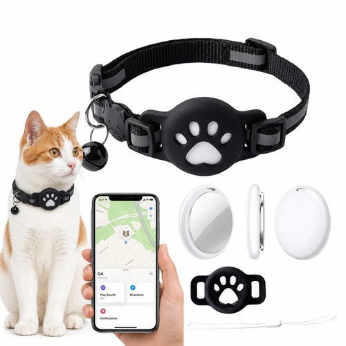 Chat portant le collier traceur, étui patte noir et traceur, carte sur iPhone