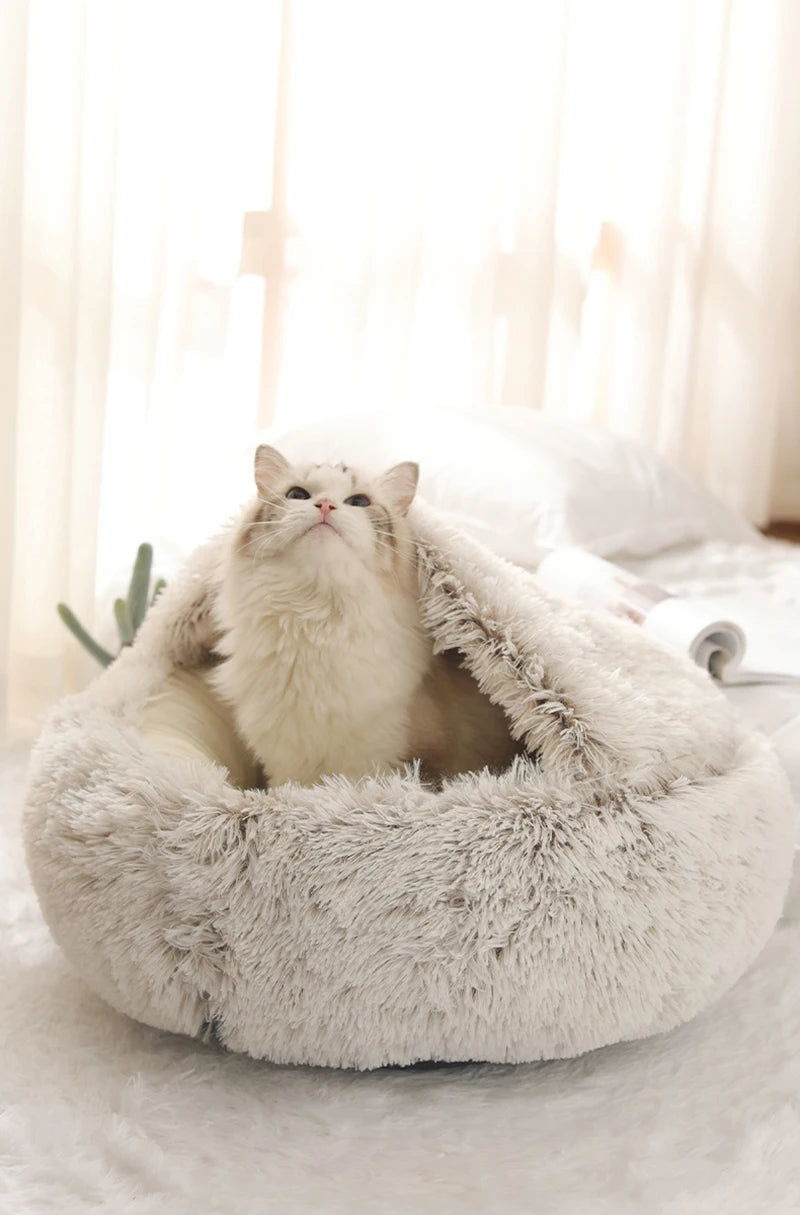 Chat installé sous la capuche du panier igloo
